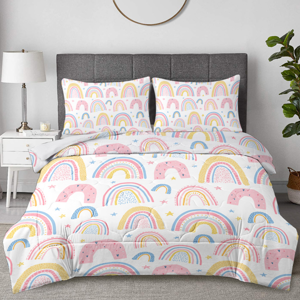 Rainbow Pattern Comforter Set for Women Pink and Yellow Rainbow Star Comforter 3 Piece with 2 Pillow Shams(1 Comforter and 2 Pillow Shams) Queen Size