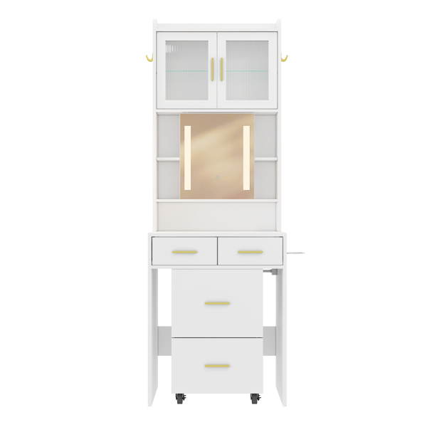 Small Vanity Desk with Sliding Mirror and LED Lights, Makeup Table with Charging Station and Storage Shelves for Small Space, Compact Mini Corner Vanity Set with Hidden Storage Stool for Bedroom