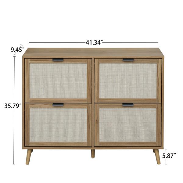 Natural Rattan 4 Door Shoe Rack, Freestanding Modern Shoe Storage Cabinet, for Entryway