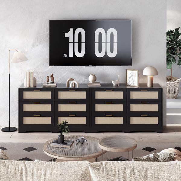 Breite Rattan Kommode, Schubladenkommode mit 6 Schubladen, 120x40x77 cm Highboard Tv Schrank, Landhausstil Sideboard Flur & Komodenschrank für Schlafzimmer Wohnzimmer (Schwarz)