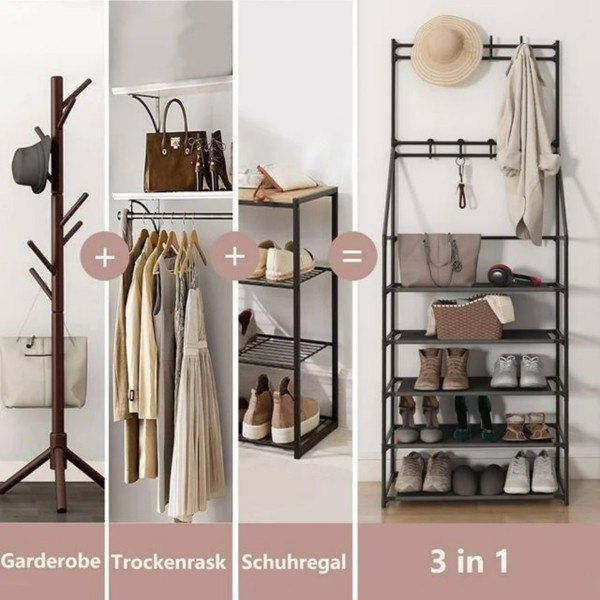 5-Tier Shoe Rack Shoe Storage for Entryway,Narrow Shoe Rack,Coat and Shoe Rack with 8 Hooks