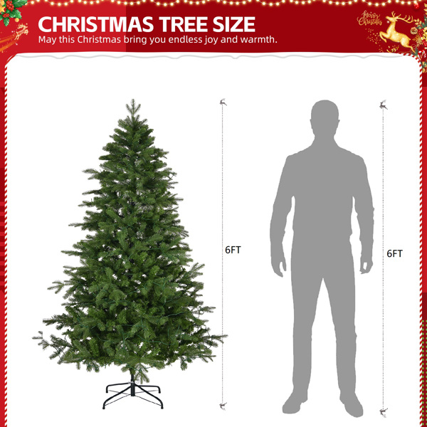 6 FT Pre-lit Artificial Christmas Tree, Holiday Xmas Tree with 300 Warm White Lights, 728 Branch Tips and Study Metal Base, for Holiday Party Store Office Home, Green