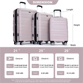 3 Piece Luggage Sets PC Lightweight & Durable Expandable Suitcase with Two Hooks, Double Spinner Wheels, TSA Lock, (21/25/29) Sand