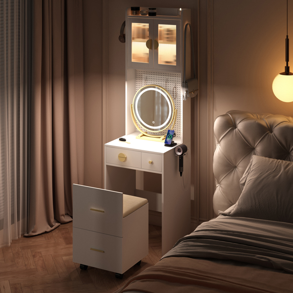 Small Vanity Desk with Mirror and LED Lights, Makeup Table with Charging Station and drawers and Storage Shelves for Small Space, Compact Mini Corner Vanity Set with Hidden Storage Stool for Bedroom