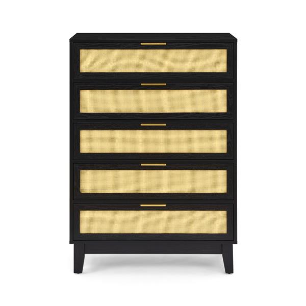 Bedroom 5 drawer dresser, rattan dresser modern wooden chest of drawers with spacious storage space for bedroom hallway living room