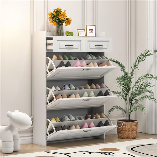 1250 White color shoe cabinet  with 3 doors 2 drawers,PVC door with shape ,large space for storage