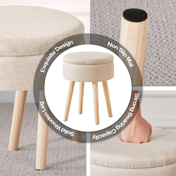 Storage Ottoman Linen Round Vanity Stool Tray Top Modern Foot Stool with Wood Legs Multifunctional Upholstered Foot Ottoman Rest for Living Room, Bathroom, Makeup Beige