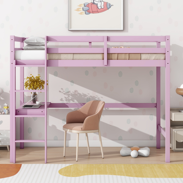 Twin High Loft Bed, Rubber Wood Loft Bed with Safety Guardrail, built-in desk, ladder,Pink 