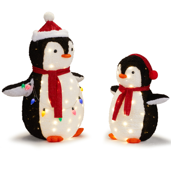 2-Piece Lighted Plush Penguins Christmas Yard Decorations, Set of 2 Pre-lit Pull Up Penguins with 150 Warm White LEDs, Multi-color Light String and Stakes for Xmas Outdoor Holiday Indoor Decor