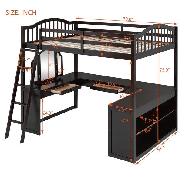 Full Wooden Loft Bed with U-shaped Desk,Storage Compartments and Tri-fold Mirror, Espresso 