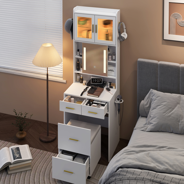 Small Vanity Desk with Sliding Mirror and LED Lights, Makeup Table with Charging Station and Storage Shelves for Small Space, Compact Mini Corner Vanity Set with Hidden Storage Stool for Bedroom