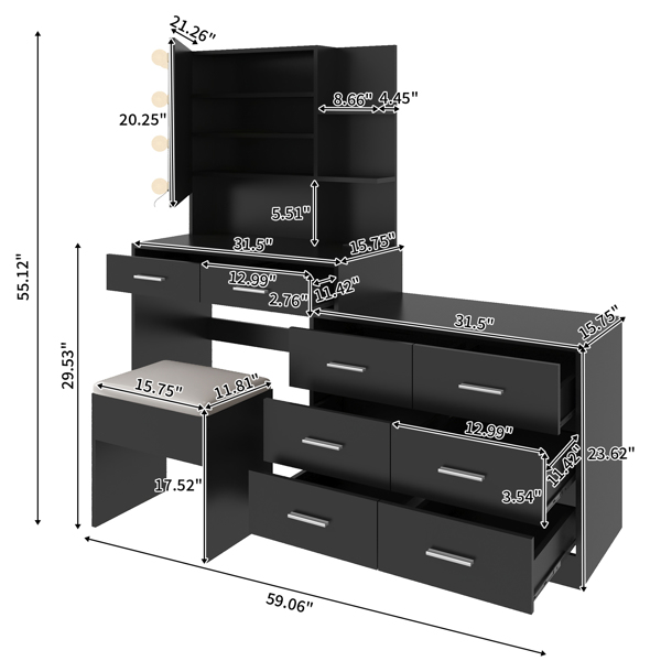 Large Makeup Vanity with Lights, Vanity Table with Charging Station, Vanity Desk with Mirror and 10 LED Light Bulbs, Makeup Table with Drawers and Storage Shelves, Black