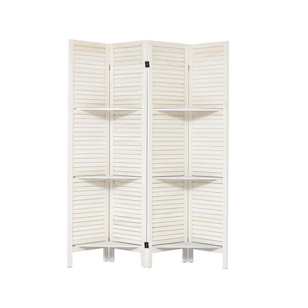 Room Divider with Shelves, 4 Panel White Room Divider, Room Dividers and Folding Privacy Screens, Portable Wooden Room Dividers and Partitions for Bedroom, Home Office, Studio (Warm White)