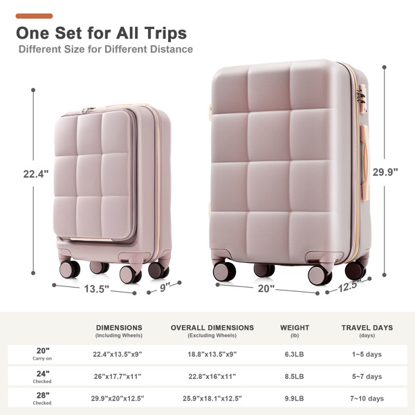 Luggage Sets 3 Piece, 20-inch with USB Port and front opening design,  ABS Hard Shell Luggage with Spinner Wheels, Cup Holder