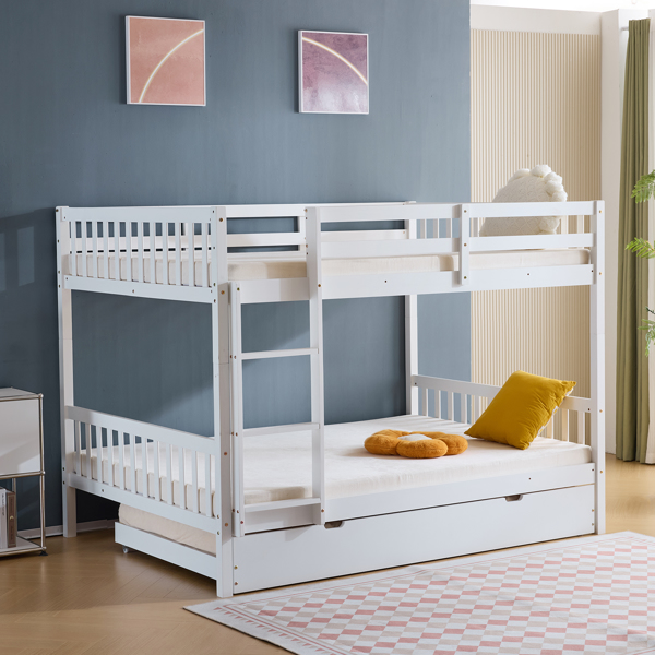 Full Size Bunk Bed with Trundle Bed, with Ladder and Safety Rails Pinewood Bunk Bed White