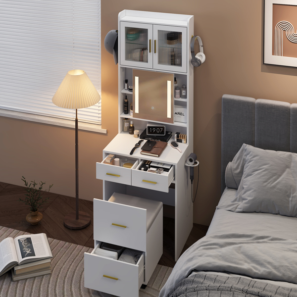 Small Vanity Desk with Sliding Mirror and LED Lights, Makeup Table with Charging Station and Storage Shelves for Small Space, Compact Mini Corner Vanity Set with Hidden Storage Stool for Bedroom