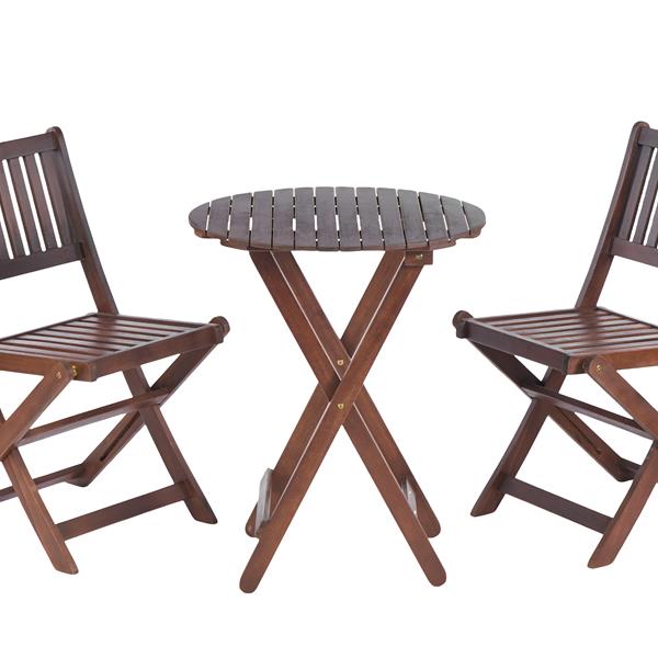 3-Piece Acacia Wood Bistro Set, Wooden Folding Patio Furniture for Garden Backyard Balcony Porch w/ 1 Coffee Table and 2 Foldable Chairs, Natural Stained