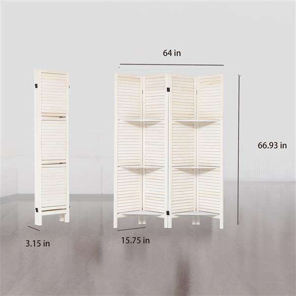 Room Divider with Shelves, 4 Panel White Room Divider, Room Dividers and Folding Privacy Screens, Portable Wooden Room Dividers and Partitions for Bedroom, Home Office, Studio (Warm White)