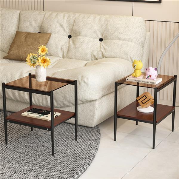 Set of 2 Rectangle End Table, Tempered Glass Tabletop with MDF layer, Modern Table for Living Room , Brown Glass