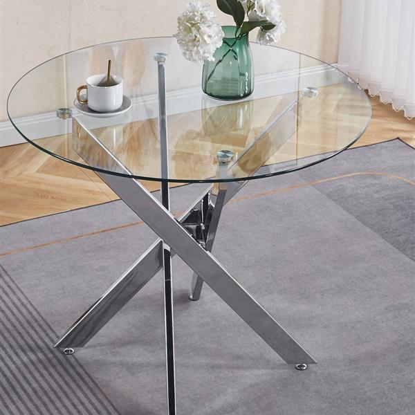 Dining Table with cross metal leg and tempered glass,Modern Space Saving Kitchen Table for Living Room,chrome legs