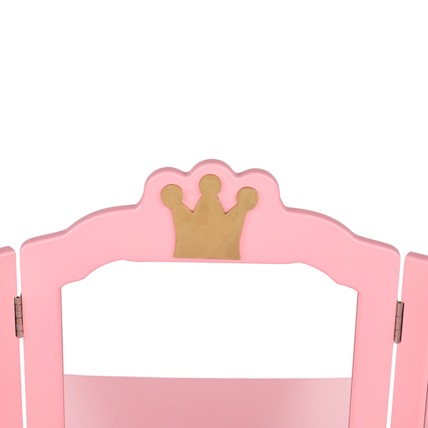 Children's Wooden Dressing Table Three-Sided Folding Mirror Dressing Table Chair Single Drawer Pink Crown Style