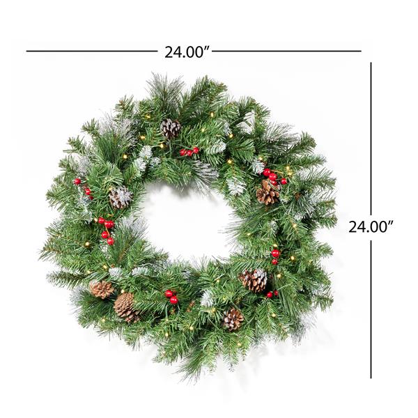 2-packed 24'' Glitter Bristle Mixed Wreath with with 9 Red Berry and 9 Pine Cones and 50 Warm White LED Lights with Timer-Battery Operated-Outdoor, 150 tips