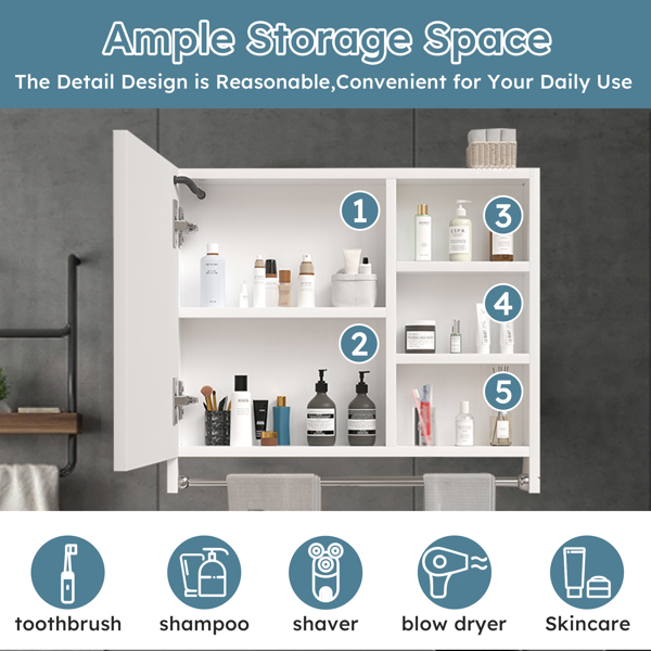 Modern 32x28inches bathroom cabinets, medicine cabinets with mirrors and LED lights, bathroom lockers with multilevel storage compartments and towel rails 