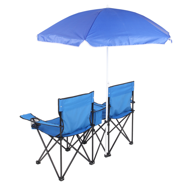 Portable Outdoor 2-Seat Folding Chair with Removable Sun Umbrella Blue