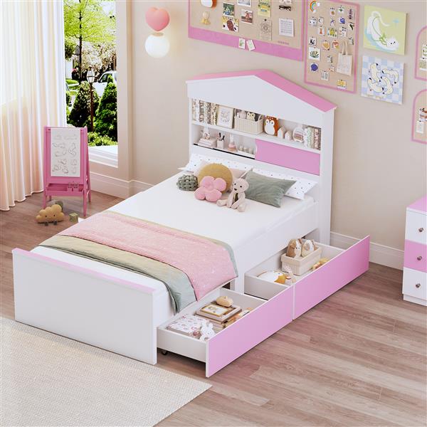 Twin Size House-Shaped Wooden Bed with Storage Shelf on the Headboard, Built-in Two Storage Drawers, Pink