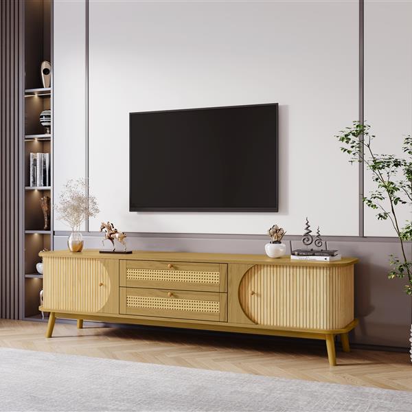 Rattan TV Stand for TVs up to 75'', Modern Farmhouse Media Console, Entertainment Center with Solid Wood Legs, TV Cabinet for Living Room,Home Theatre