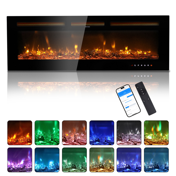 ZOKOP 50" Smart WiFi Electric Fireplace Insert, 1500W Wall Recessed/Mounted, Freestanding Fireplace Heater with Remote Control, 12 Color Adjustable Flames, Thermostat, 8H Timer, 5 Brightness Settings