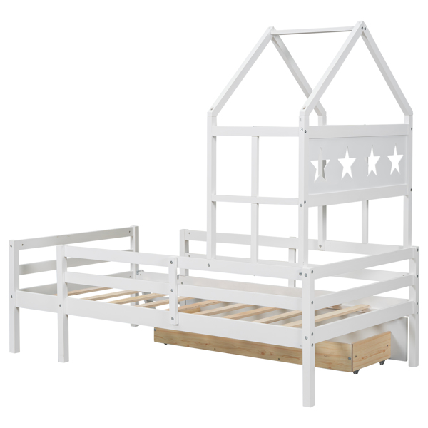 Wood Twin Size House Platform Bed with Guardrail and Drawer, White 