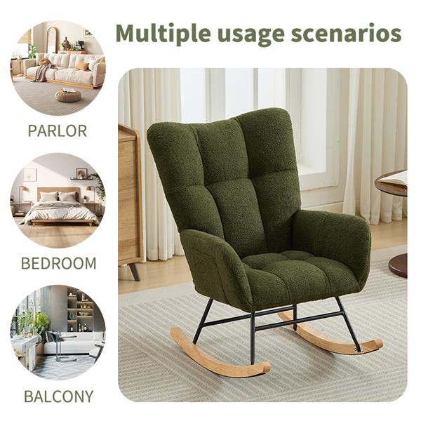 Modern Nursery Rocking Chair Upholstered Glider Chair with High Backrest Rocker Accent Armchair with Solid Wood Legs for Nursery Bedroom Living Room Teddy(dark green)