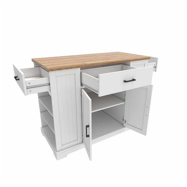 46'' Multi-Storage Rolling Kitchen Island with Rubber Wood Tabletop, Large Farmhouse Kitchen Cart with Adjustable Shelves and Drawers, Movable Dinning Table Bar with Storage Cabinet for Kitchen