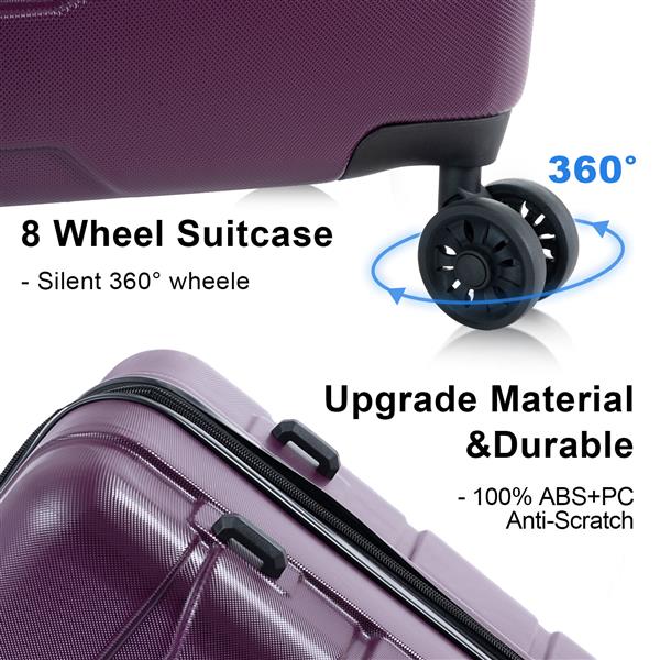 Luggage Sets ABS+PC Hardshell 3pcs Clearance Luggage Hardside Lightweight Durable Suitcase sets Spinner Wheels Suitcase with TSA Lock (20/24/28),Purple