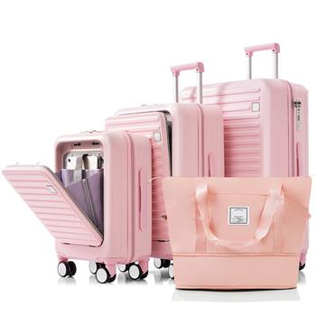 Luggage Set of 4 with USB Port, 20, 24inch with front opening design Airline Certified Carry on Luggage with Cup Holder, ABS Hard Shell Luggage with Expandable Travel Bag, pink