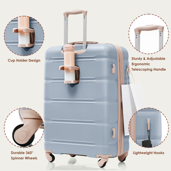 Luggage Set of 3, 20-inch with USB Port, Airline Certified Carry-on Luggage with Cup Holder, ABS Hard Shell Luggage with Spinner Wheels, light blue and golden