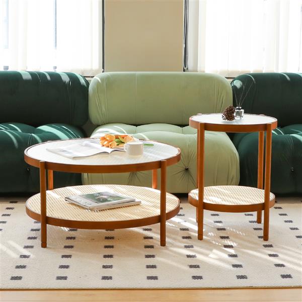 2-Piece Modern Farmhouse Living Room Coffee Table Set, Stylish and Elegant Nesting Round Wooden Table,Side End table set for Living Room,Bedroom