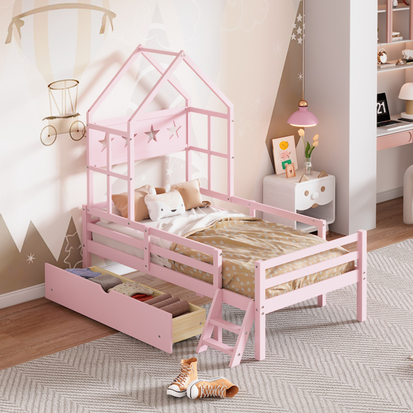 Wood Twin Size House Platform Bed with Guardrail and Drawer, Pink