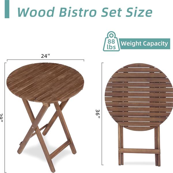 3-Piece Acacia Wood Bistro Set, Wooden Folding Patio Furniture for Garden Backyard Balcony Porch w/ 1 Coffee Table and 2 Foldable Chairs, Natural Stained