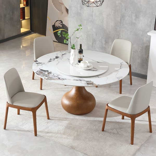 5pcs Modern Marble Dining Table, 59" Round Sintered Stone Table for Dining Room, Kitchen, Dinette, Compact Space With Lazy Susan(1table+4 chairs) -LTL item