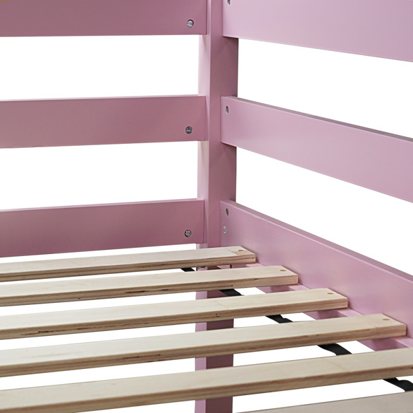 Twin High Loft Bed, Rubber Wood Loft Bed with Safety Guardrail, built-in desk, ladder,Pink 