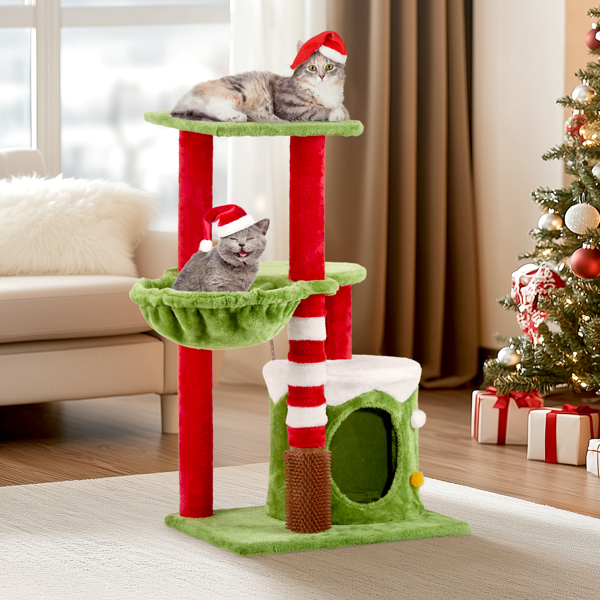 32in Cat Scratching Posts Tower with Cat Condo and Hammock, Christmas Themed Plush Cat Tree with Cat Massage Brush, Activity Center for Indoor Cats