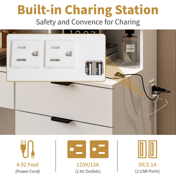 Large Vanity Table Set with LED Lighted Mirror, Vanity Desk with Charging Station, Makeup Table with Glass Doors, Drawers and Storage Shelves, Cushioned Stool for Bedroom, White