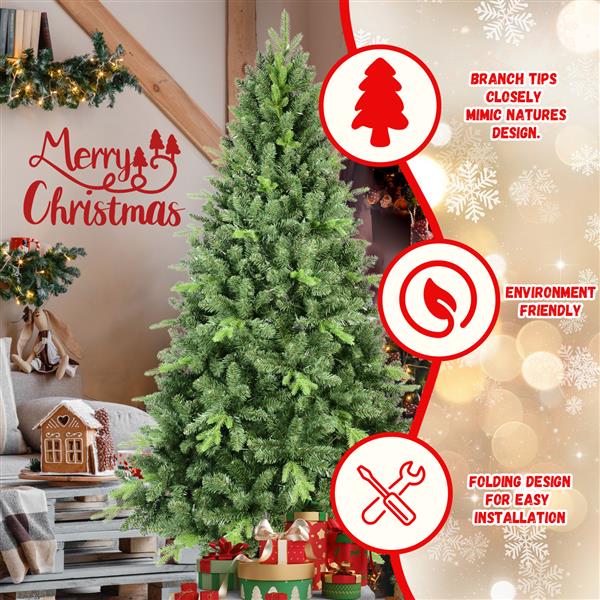 9FT Artificial Christmas Tree with 3509 PE&PVC Mixed Branch Tips, Unlit Hinged Premium Spruce Fake Xmas Trees, Hinged Branch & Foldable Base, Green