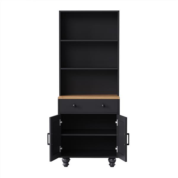 Farmhouse Storage Cabinet with 4 Solid Wood Gourd-Shaped Legs, Modern Kitchen Pantry Cabinet with Adjustable Shelves, 5 Tier Bookshelf with Drawer for Living Room, Black