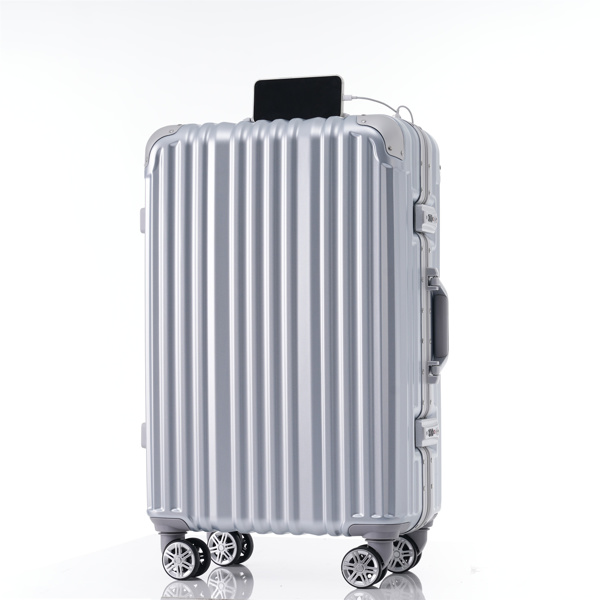 1pc 20in Aluminum Frame Luggage with USB port, Vacation Carry-On Suitcase with Spinner Wheels and TSA Lock, Travel Trolley Case For Short Business Trips, Beach Holidays, gray silver