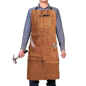 Work area apron with 6 tool bags, heat-resistant and flame-retardant, durable, heavy-duty welding apron, suitable for both men and women, 37.8in * 26in (Brown)