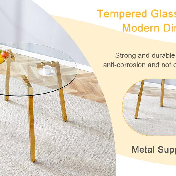 Modern Luxurious Round Tempered Glass Dining Table with Gold 7-Shaped Metal Legs,suitable for family meals, office conferences, or as a casual coffee table for various occasions.47.3*47.3*29.5