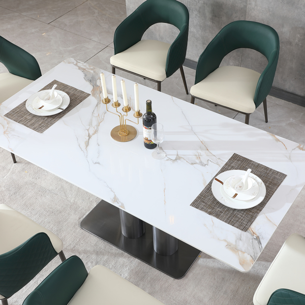 Modern 7PCS Dining Table Set, White Dining Table Sintered Stone Dining Table Top with stainless steel base, 71 inch Modern Luxury White Rectangular Dining Table (1table+6chairs)-LTL Item